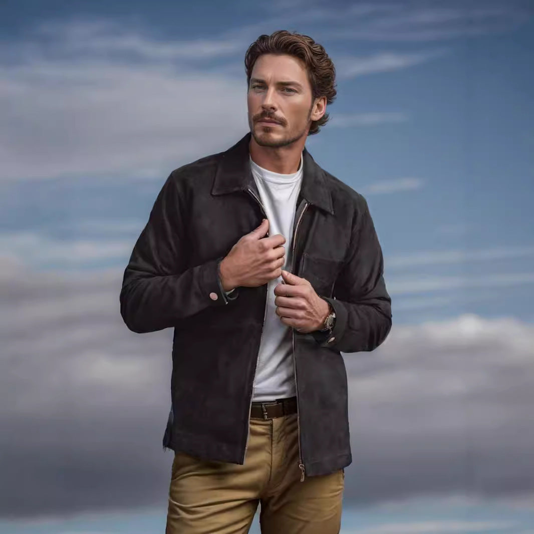 Herren Wildlederjacke mit modernem Stehkragen und praktischen Taschen Aliams