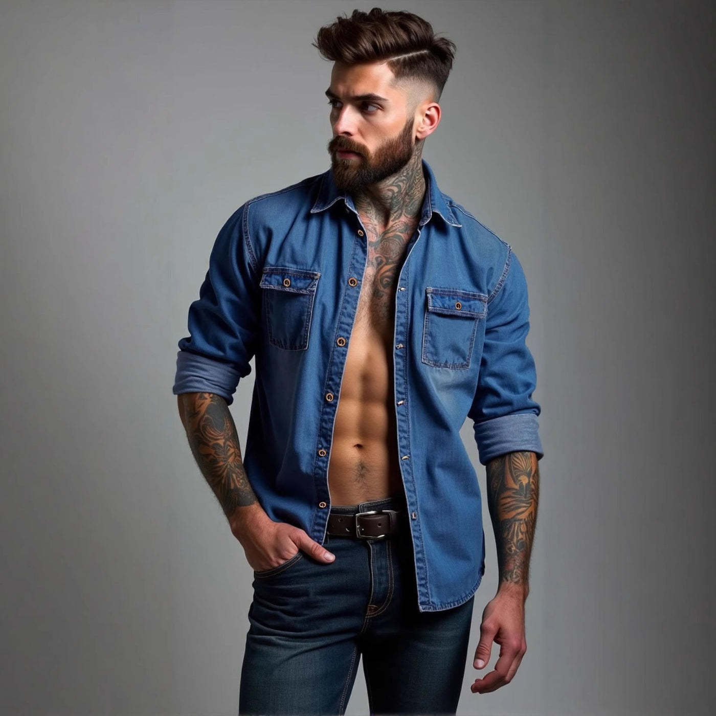 Herren lässige Denim-Hemdjacke mit zwei aufgesetzten Taschen Aliams