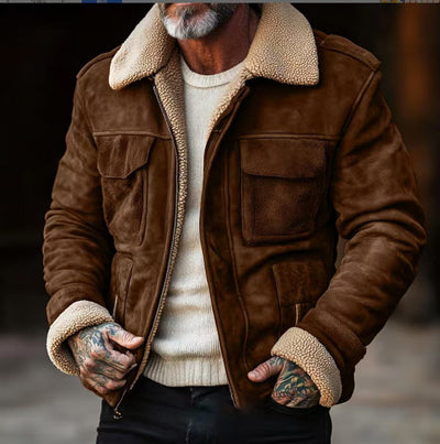 Herren Vintage-Lederjacke mit Teddyfellkragen und praktischen Taschen Aliams