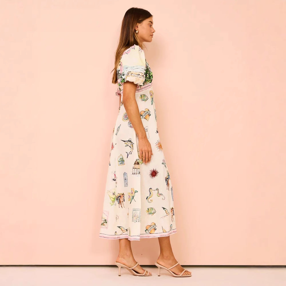 Karen - A-Line Sommerkleid mit Puffärmeln und Kunstdruck