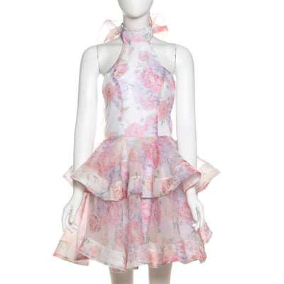 Valeria - Bedrucktes kurzes Kleid mit offenem Rücken und Neckholderausschnitt