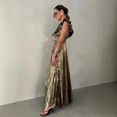 Elegantes Lang Abendkleid mit Rüschen-V-Ausschnitt für Partys und Galas - Dovaika