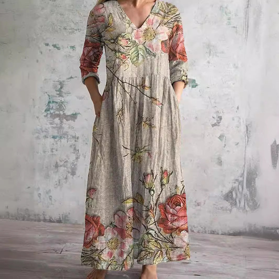 Damen Sommer-Maxikleid mit Blumenmuster und V-Ausschnitt