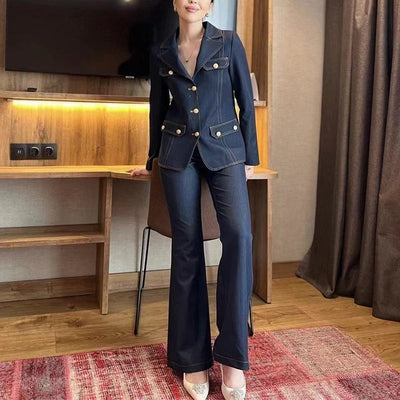 Trendiges Denim-Blazer-Set Damen – Cropped Blazer & High-Waist Hose, vielseitig