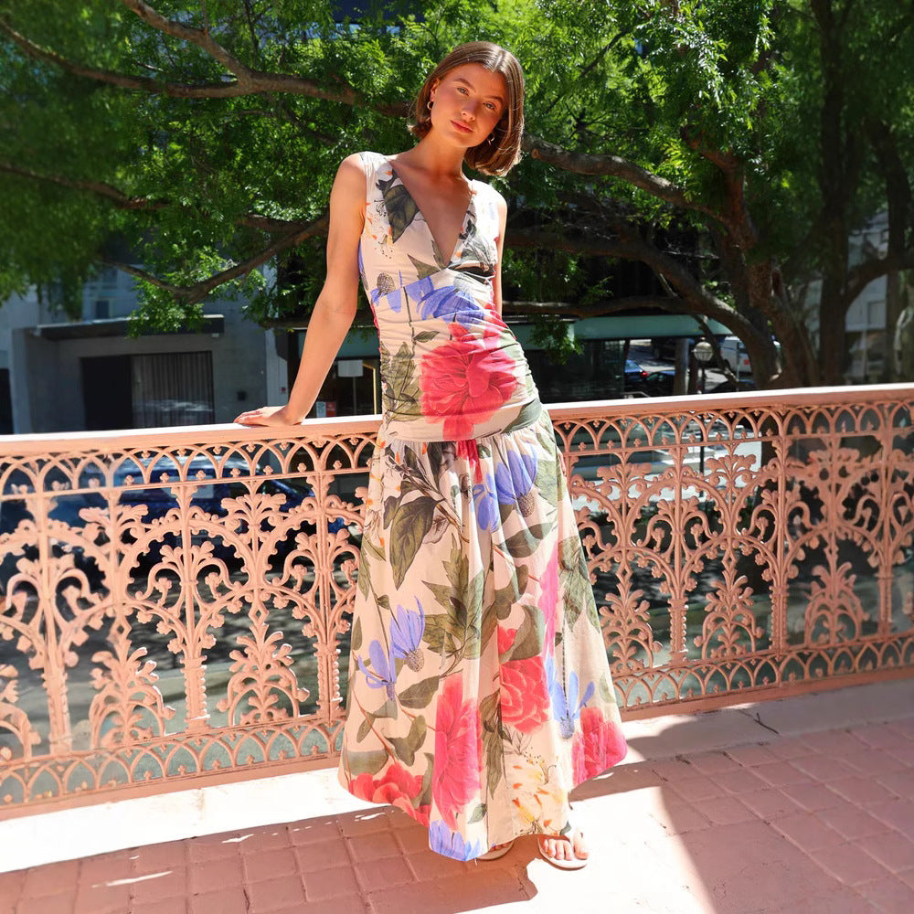 Rakel - Bedrucktes Maxikleid für Frauen mit V-Ausschnitt