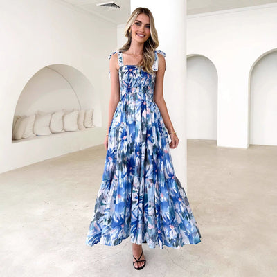 Asena- Damen Maxikleid Sommer mit Shirred Mieder und Blumendruck