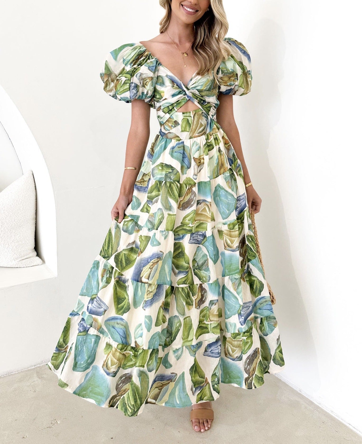 Corrie - Elegantes Damen Maxikleid Sommer Mit Puffärmeln & Floralem Druck