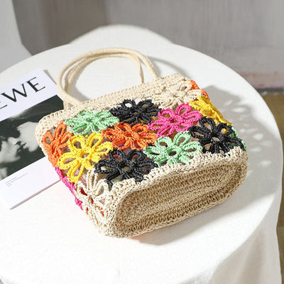 Schultertasche aus Stroh mit Blumenverzierung für Frauen