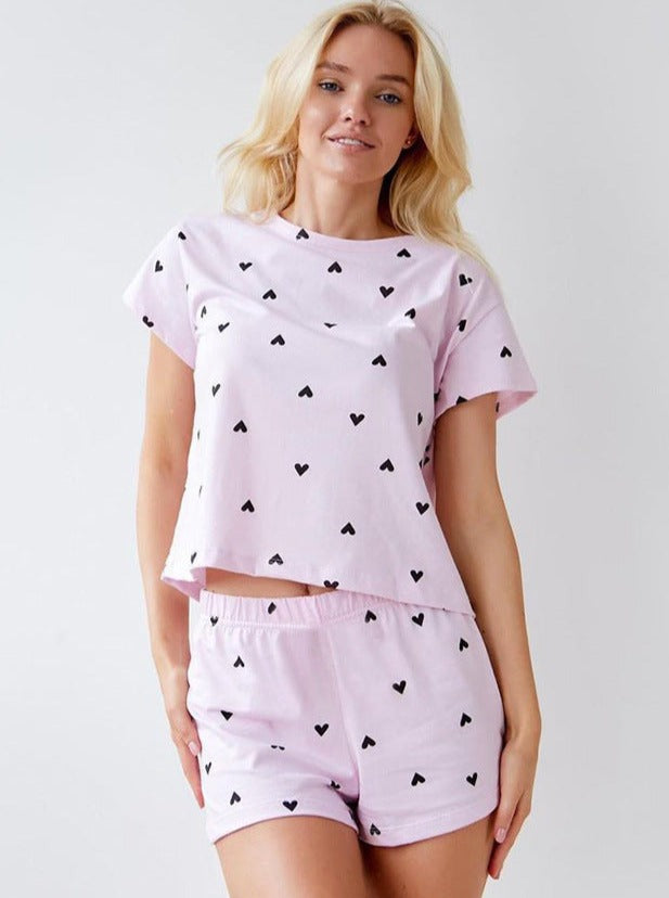 Strickset mit Shorts kurzen Ärmeln und Herzmuster für Frauen
