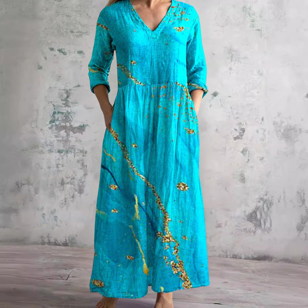 Damen Sommer-Maxikleid mit Blumenmuster und V-Ausschnitt