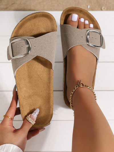 Ortrud – Damen Kork-Sandalen Slip-On Mit Großer Schnalle