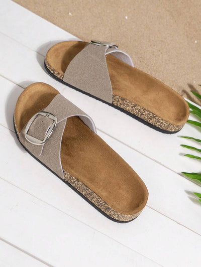 Ortrud – Damen Kork-Sandalen Slip-On Mit Großer Schnalle