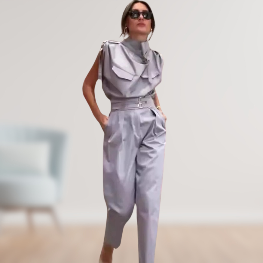 Damen Sommer Hohem Kragen Ärmelloser Jumpsuit mit Schnalle
