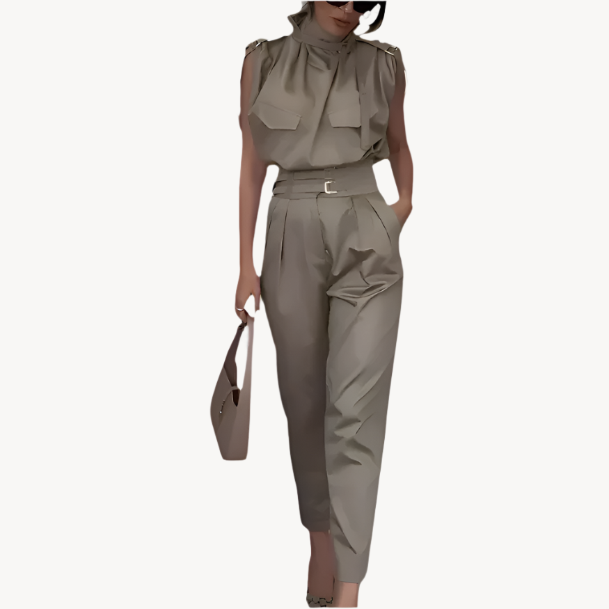 Damen Sommer Hohem Kragen Ärmelloser Jumpsuit mit Schnalle