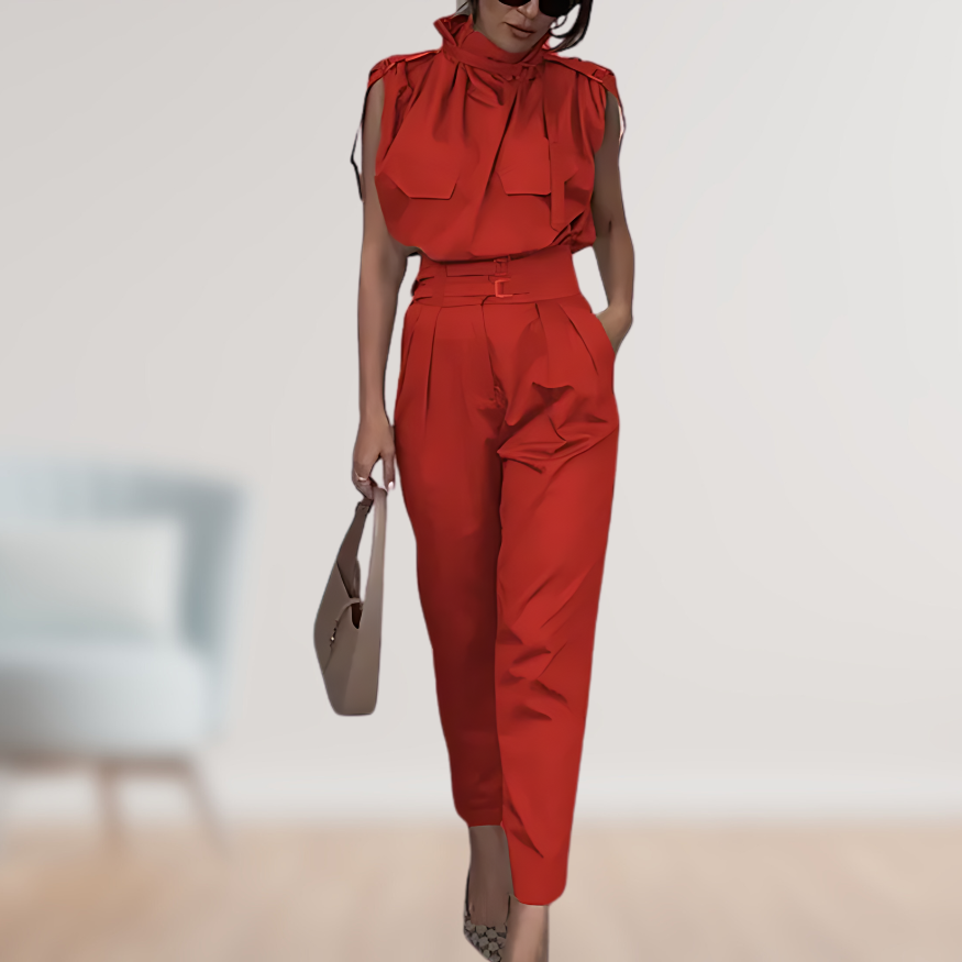 Damen Sommer Hohem Kragen Ärmelloser Jumpsuit mit Schnalle