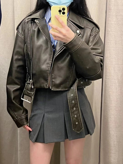 Klassische Cropped Biker Lederjacke