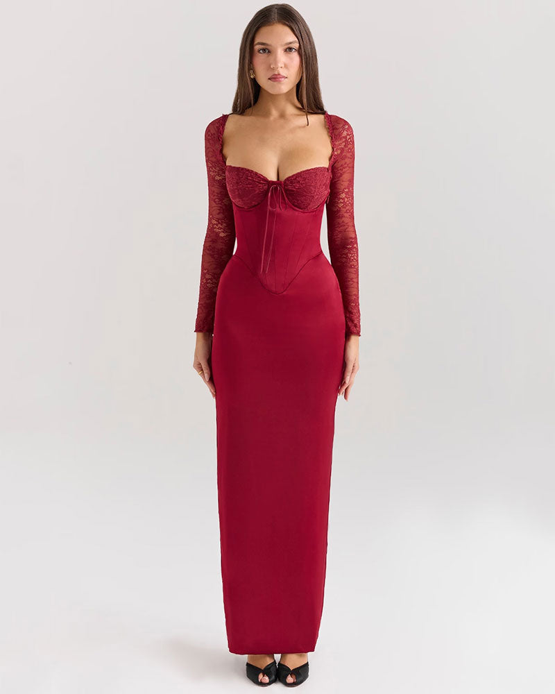 Florence - Langes Kleid mit langen Ärmeln in Weinrot und Spitze