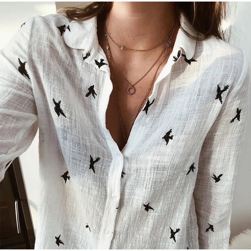 Damen Langarmshirt Mit Vogelmuster | Button Down