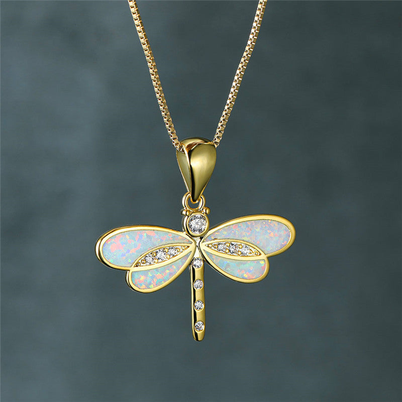 Libellen-Halskette in Gold mit Opal
