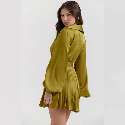 Minikleid mit tiefem V Ausschnitt, langen Ärmeln und Taillengürtel für Frauen