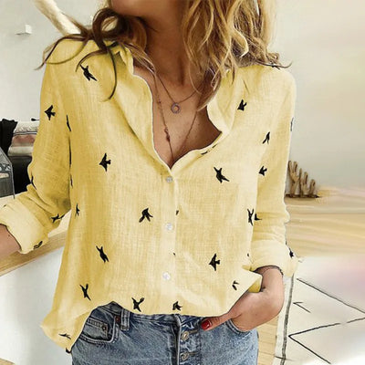 Damen Langarmshirt Mit Vogelmuster | Button Down