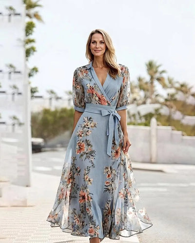 Sarina - Elegantes Midi-Kleid mit Kurzen Ärmeln und V-Ausschnitt