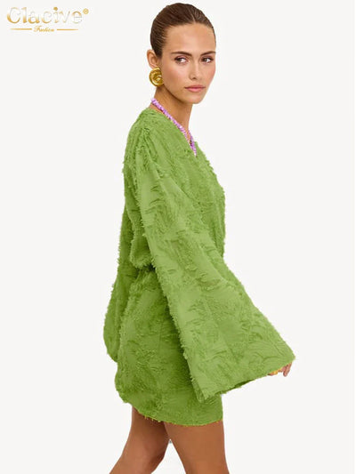 Clacive Herbst Lose Gelb Casual Frauen Kleider 2024 Sexy V-ausschnitt Langarm Mini Kleid Elegante Klassische Hohe Taille Weibliche Kleid