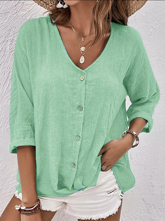 Clara - blaues leinenhemd mit v-ausschnitt