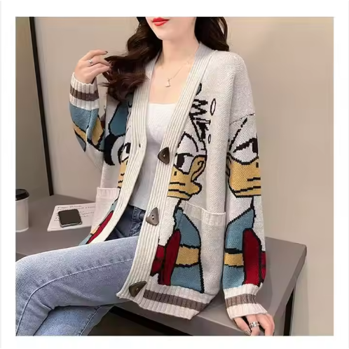 Geknöpfte Strickjacke mit Cartoon-Entendesign für Frauen