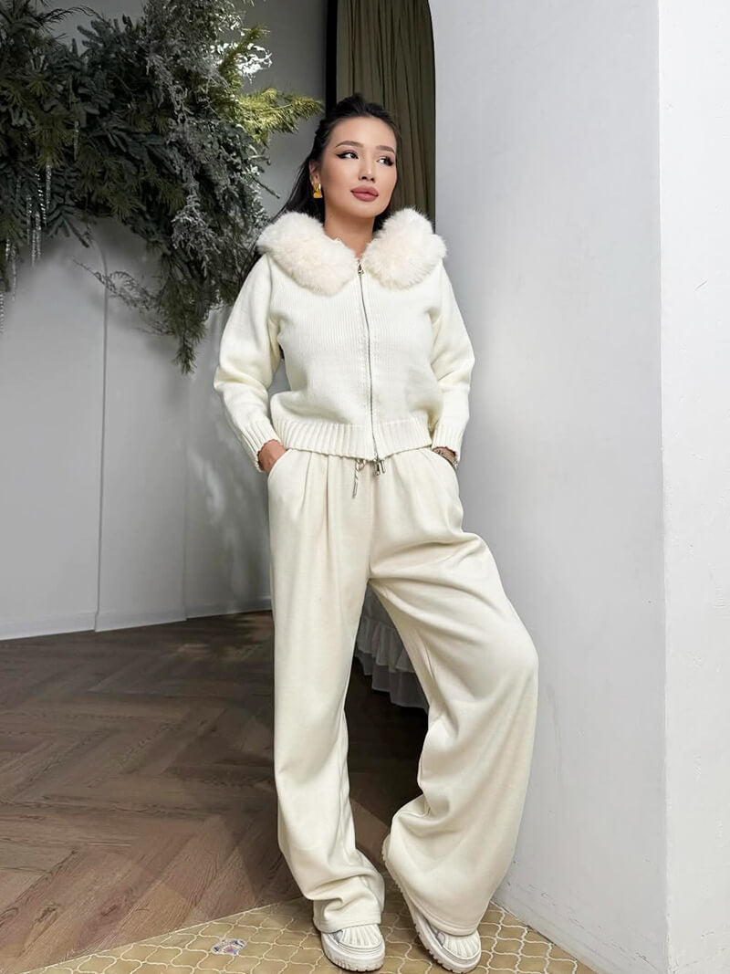 Damen Strickjacke Grau mit Kapuze und Kunstpelz – Warme Winterjacke