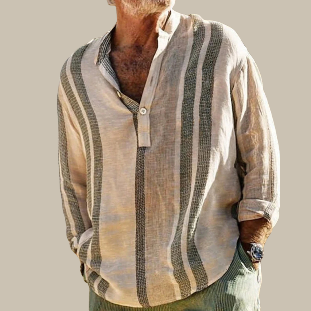 Stanislaus - Elegantes Herrenleinenhemd mit Mao-Kragen und subtilen Streifen