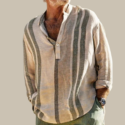 Stanislaus - Elegantes Herrenleinenhemd mit Mao-Kragen und subtilen Streifen