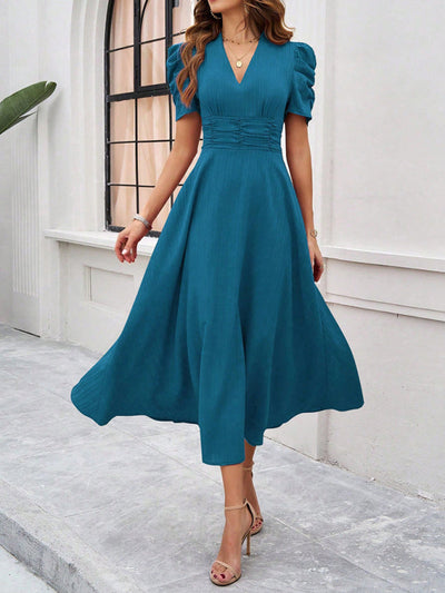 Stella - V-Ausschnitt A-Line Midi-Kleid mit Puffärmeln für Damen
