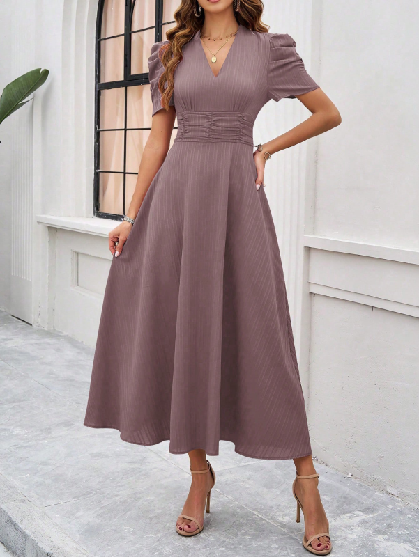 Stella - V-Ausschnitt A-Line Midi-Kleid mit Puffärmeln für Damen