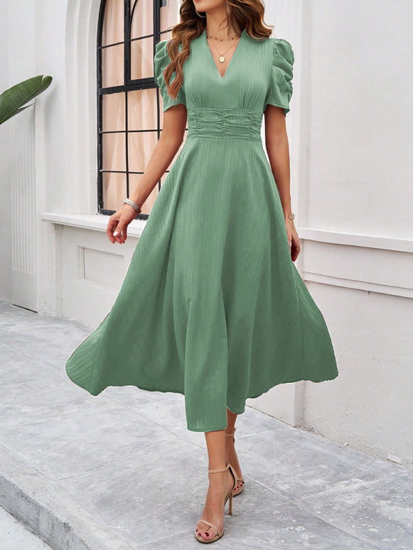Stella - V-Ausschnitt A-Line Midi-Kleid mit Puffärmeln für Damen