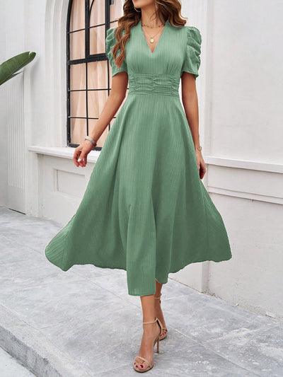 Stella - V-Ausschnitt A-Line Midi-Kleid mit Puffärmeln für Damen