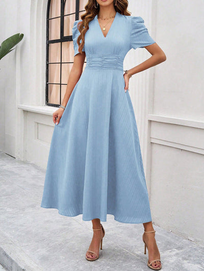 Stella - V-Ausschnitt A-Line Midi-Kleid mit Puffärmeln für Damen