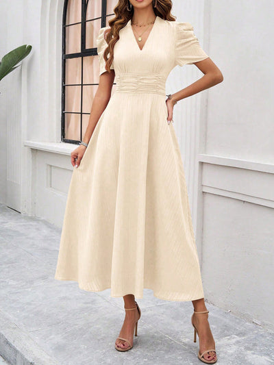 Stella - V-Ausschnitt A-Line Midi-Kleid mit Puffärmeln für Damen