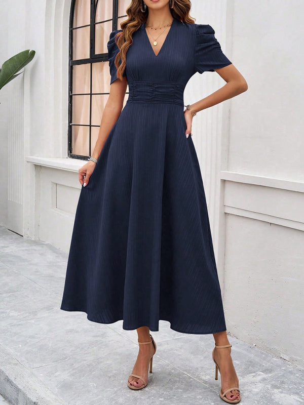 Stella - V-Ausschnitt A-Line Midi-Kleid mit Puffärmeln für Damen