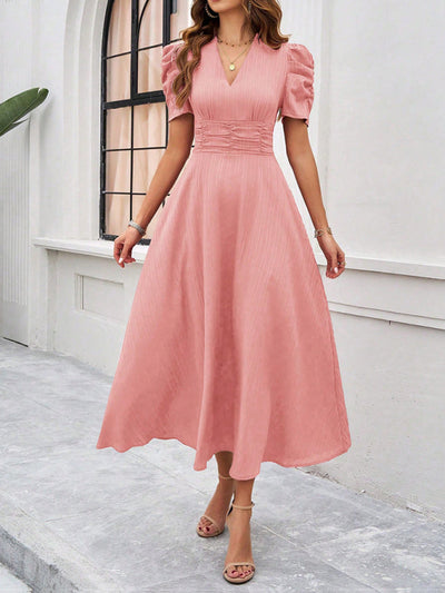 Stella - V-Ausschnitt A-Line Midi-Kleid mit Puffärmeln für Damen