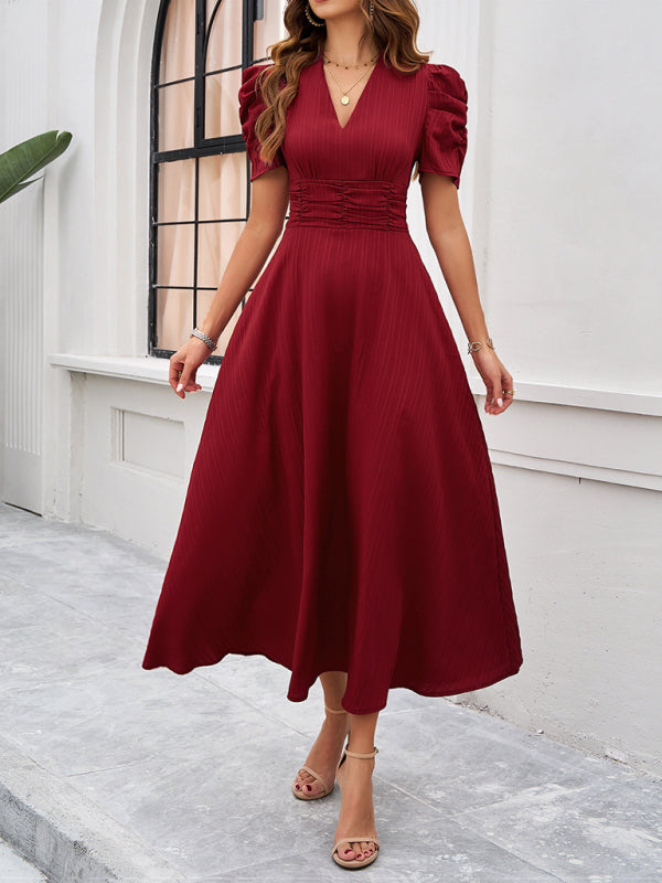 Stella - V-Ausschnitt A-Line Midi-Kleid mit Puffärmeln für Damen