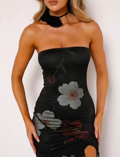 Schwarzes Maxikleid mit Rosenmuster für Frauen