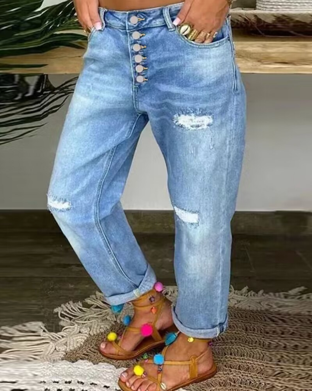 Telse - Damen-Jeans aus Denim mit Knopfverschluss
