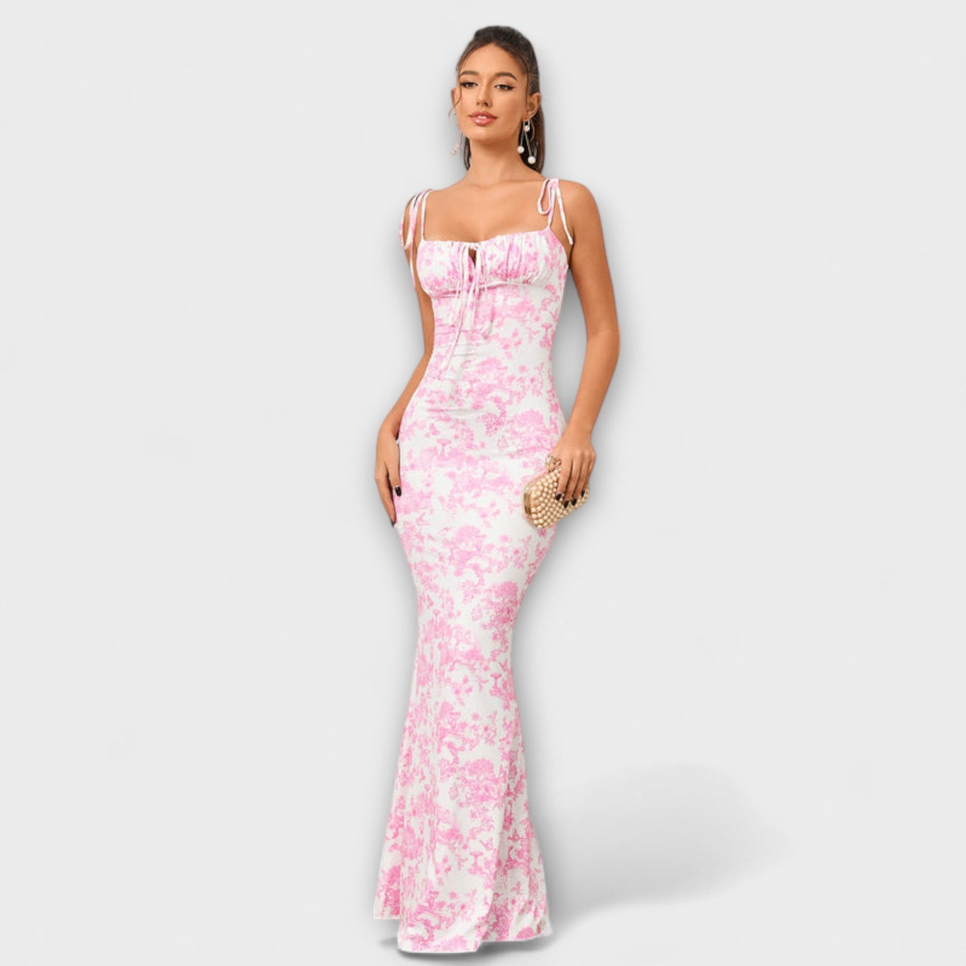 Thalia - Floral Print Prom Dress with Tied Shoulder Straps