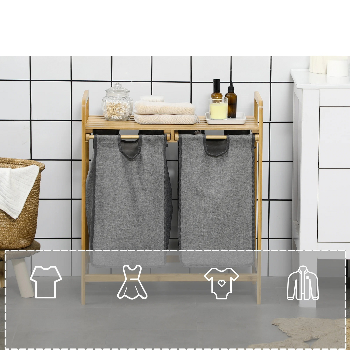 EcoSort-Korb – 2 herausnehmbare Taschen Bambus-Wäschekorb