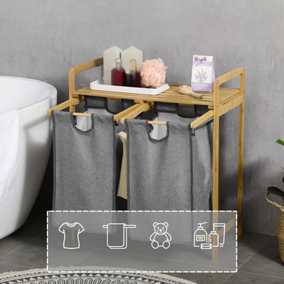 EcoSort-Korb – 2 herausnehmbare Taschen Bambus-Wäschekorb