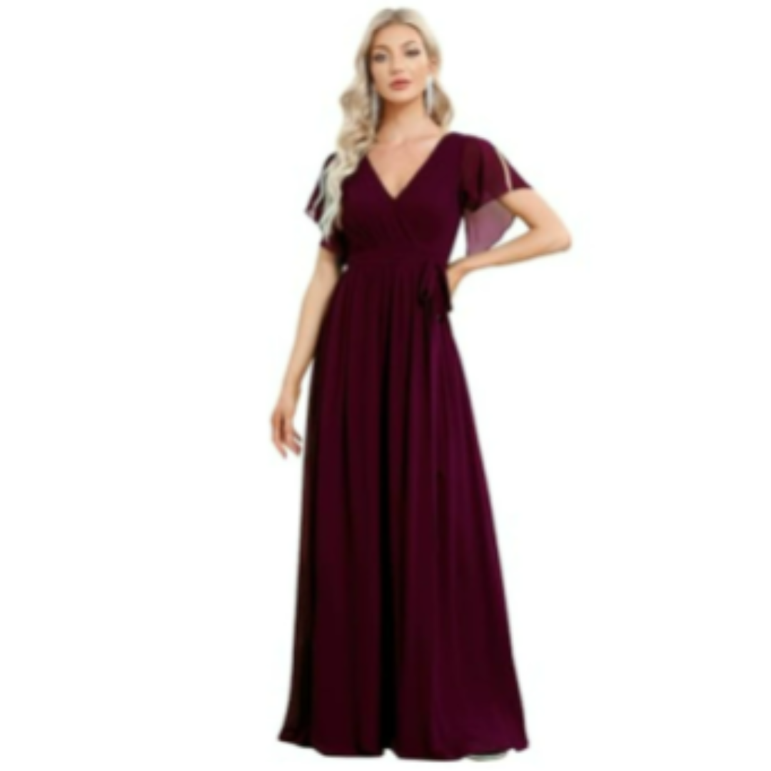 Damen V-Ausschnitt Flatterärmel Kleid | Maxi