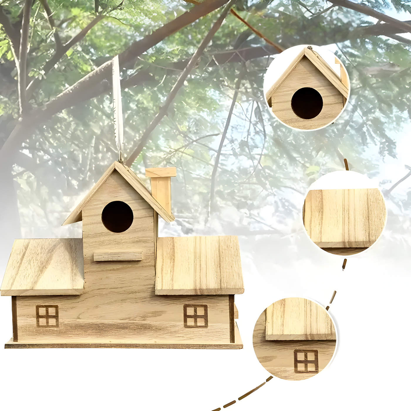 WoodlandBird House- Wooden Hanging Birdhouse with 3-Hole