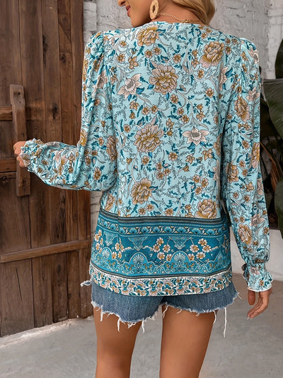 Bluse mit V Ausschnitt Blumenmuster und langen Ärmeln für Frauen