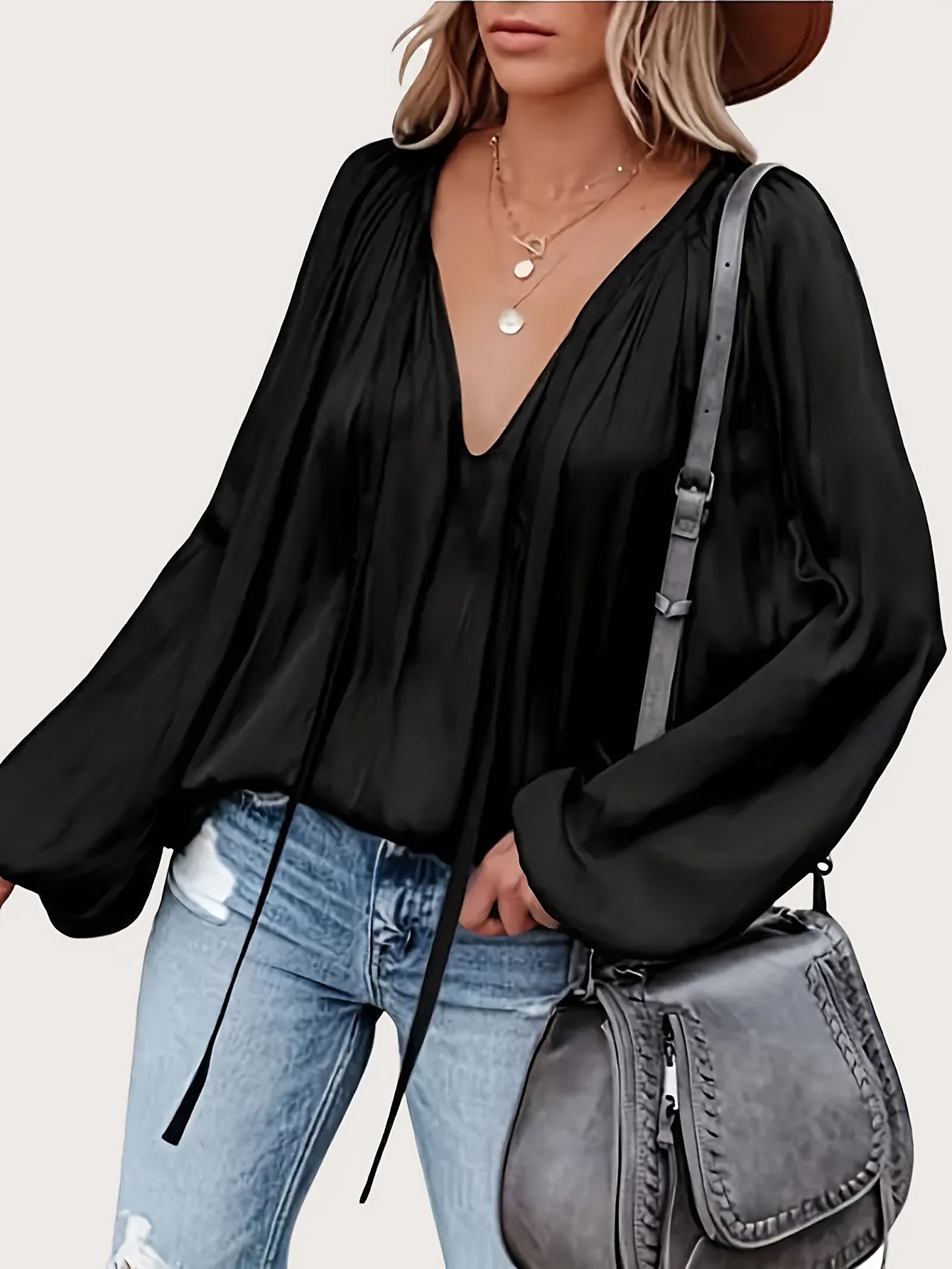 Bluse mit V Ausschnitt Schleife Laternenärmeln für Frauen